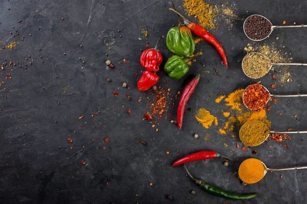 Ingredients Cooking Different Spices Spoons Dark Background Top View — Stock Photo, Image