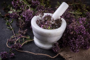 siyah arka plan üzerinde mermer harç kekik çiçekleri