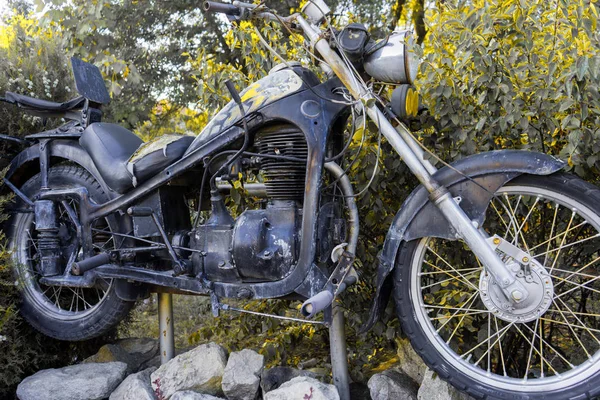 Old retro motorcycle parked by a green hedge. Front view.