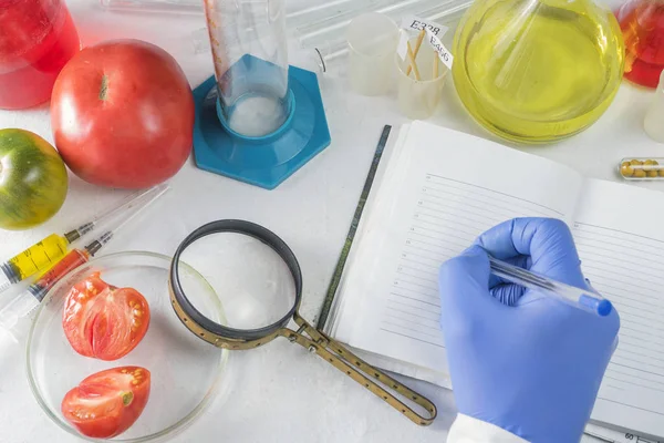 Close up de mãos de cientistas do sexo masculino escrevendo em caderno. Testes de OGM em laboratório . — Fotografia de Stock