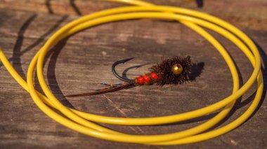 Fly Fishing Reel: İyi kullanılmış bir balık oltası ahşap bir zemin ve sinek yemi üzerine kuruludur..