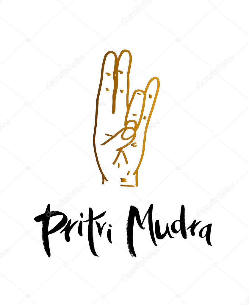 Pritvi Mudra - a gesture in yoga with your fingers. Symbol in concept of buddhism or hinduism. Mudra is effective for strengthening and healing the body.  Vector illustration.