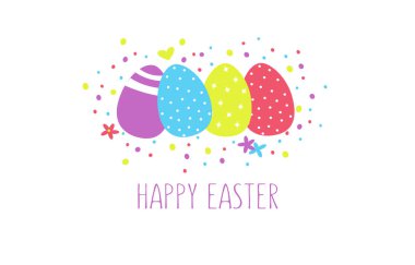 Happy Easter vector illustration for Easter logo, icon and badge. Congratulations template. Colorful eggs on a background of flowers, festive confetti.