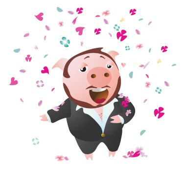 Tenor pig  sings opera sucessful. Sprinkled with flower petals. Vector illustration. Isolated on transparent background.  Excellent for the design of postcards, posters, stickers and so on. clipart
