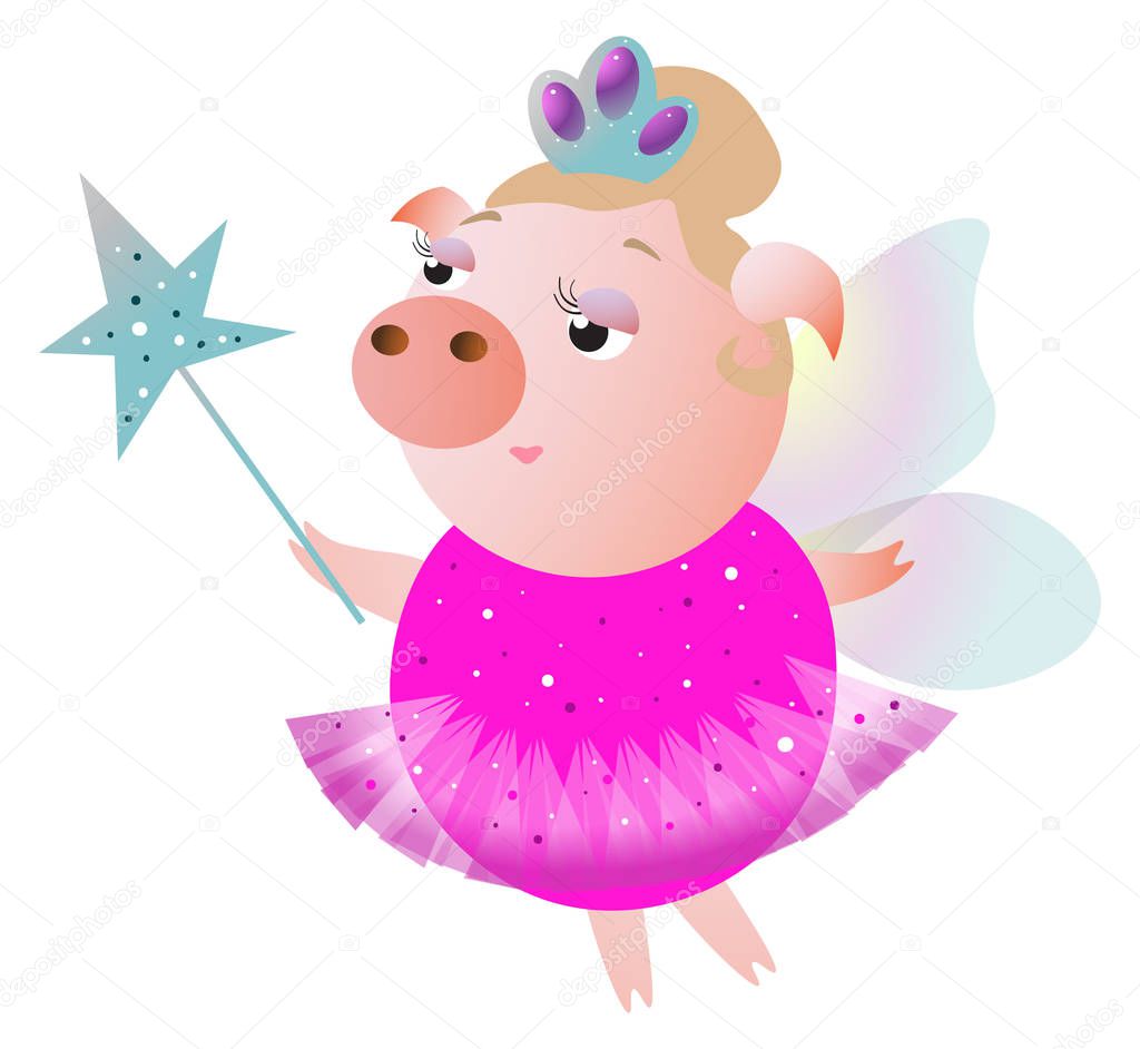 Lovely fairy pig with wings, diadem and magic wand. Vector illustration.  Isolated on transparent background.  Excellent for the design of postcards, posters, stickers and so on.