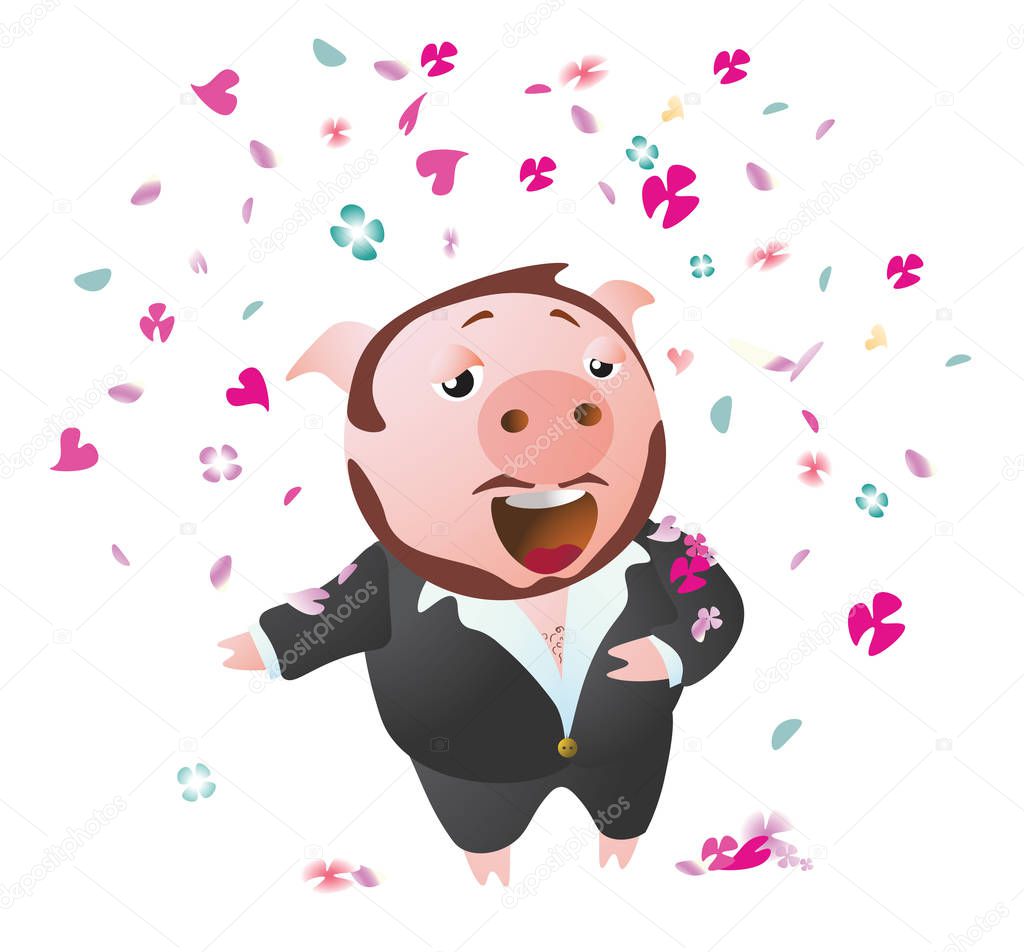 Tenor pig  sings opera sucessful. Sprinkled with flower petals. Vector illustration. Isolated on transparent background.  Excellent for the design of postcards, posters, stickers and so on.