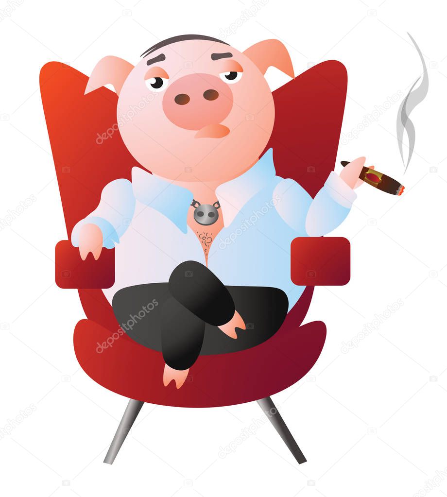 A pig-boss is sitting in a red armchair and smokes