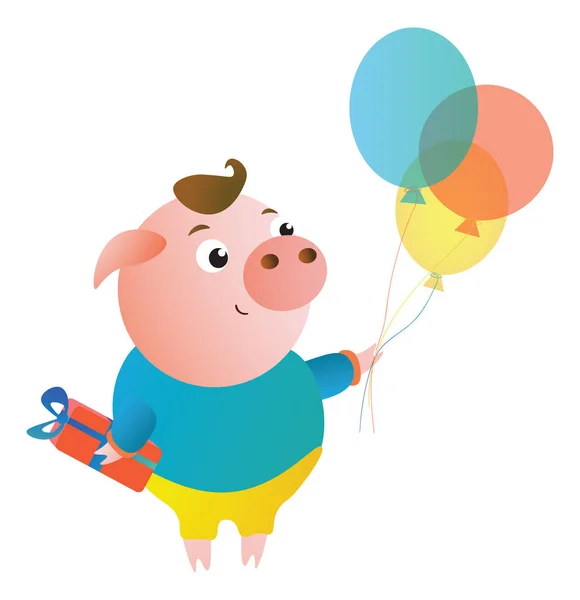 Vector de dibujos animados lindo cerdo con el regalo y globos — Vector de stock