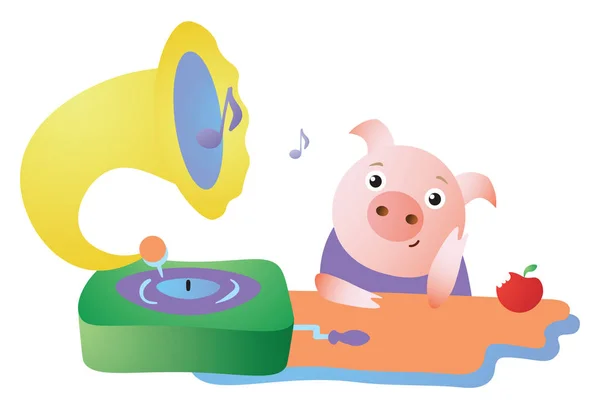 Gramofon ve hayalleri için şirin domuz dinler — Stok Vektör