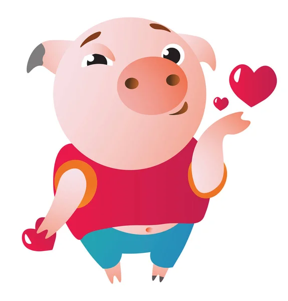 Lindo lechón enviando un beso aéreo. Ilustración vectorial . — Vector de stock