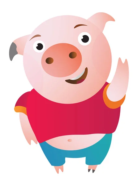 Cerdo de dibujos animados dice hola, saludando y tímido . — Archivo Imágenes Vectoriales