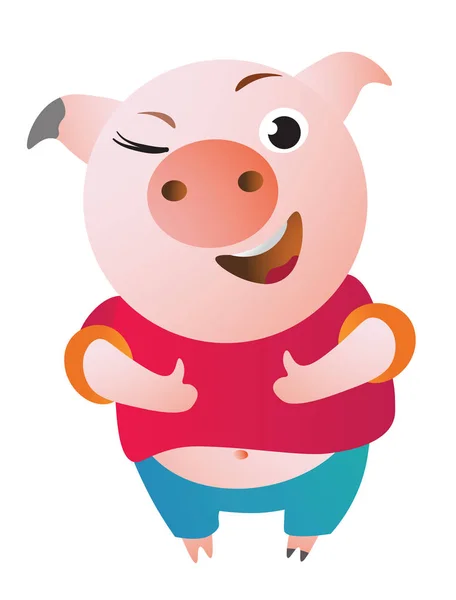 Cartoon Pig aprueba con el pulgar hacia arriba y guiños . — Vector de stock