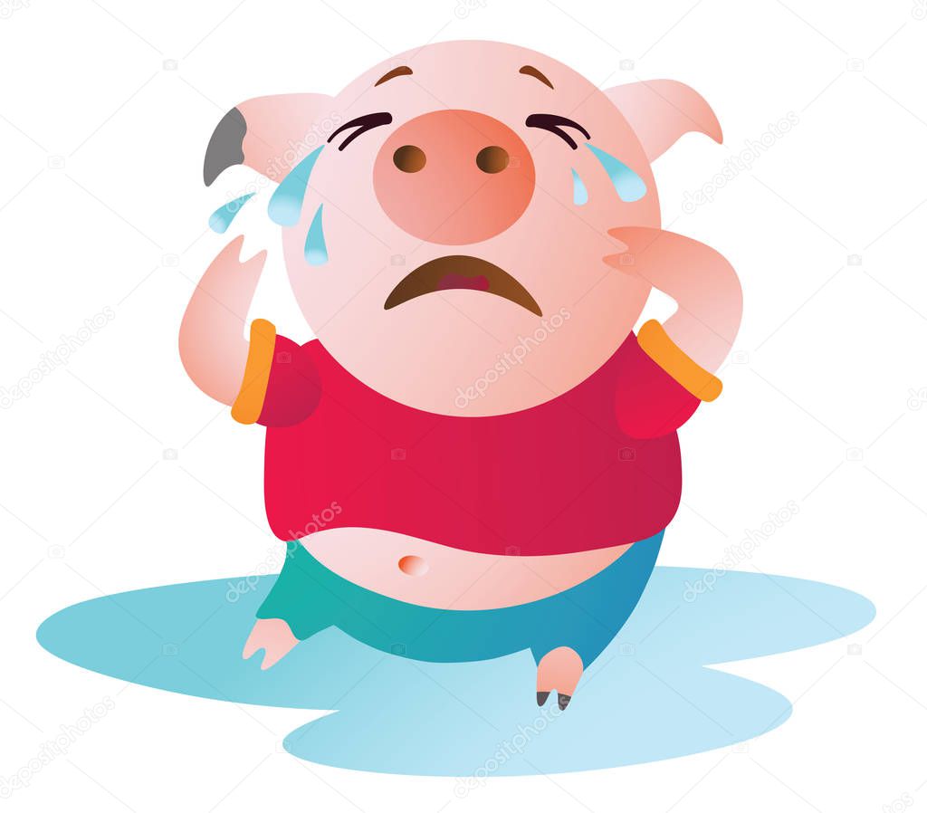 Cartoon Pig sits in a pool of tears and cries.