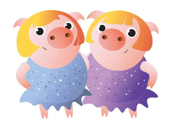 Hermanas gemelas piggy con vestidos brillantes. Zodíaco símbolo . — Vector de stock