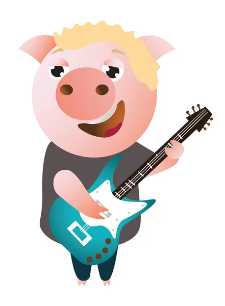 Un cerdito divertido canta y toca el bajo . — Vector de stock