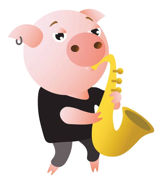 一只有趣的猪玩萨克斯管。男性 — 图库矢量图片