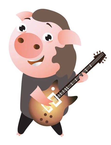 Un divertido alegre rockstar piggy toca la guitarra . — Vector de stock