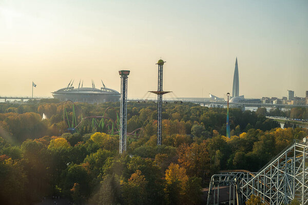 View from the Ferris wheel on Divo Island to the sides of the stadium and the lakhta center