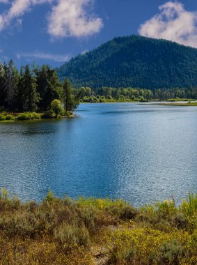Grand Teton National Park'ta öğleden sonra güneşinde sakin göl, Wyoming, ABD