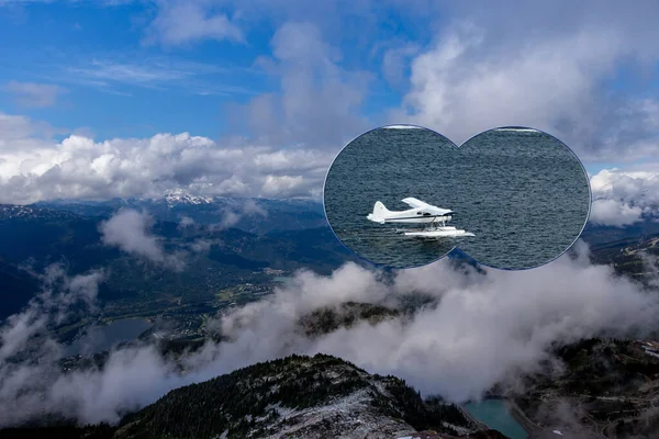 Float plane seen through the binoculars seen from the Whistler mountain top, BC, Canada.