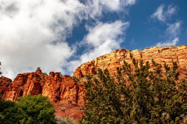 Ağaçlar kızıl dağların yansımasından taze görünüyor, Sedona, AZ, ABD