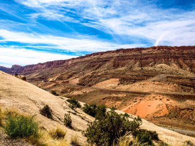 Çöl manzarasının donuk bitki örtüsüyle kendine has bir güzelliği var, Arches National Park, UT, ABD