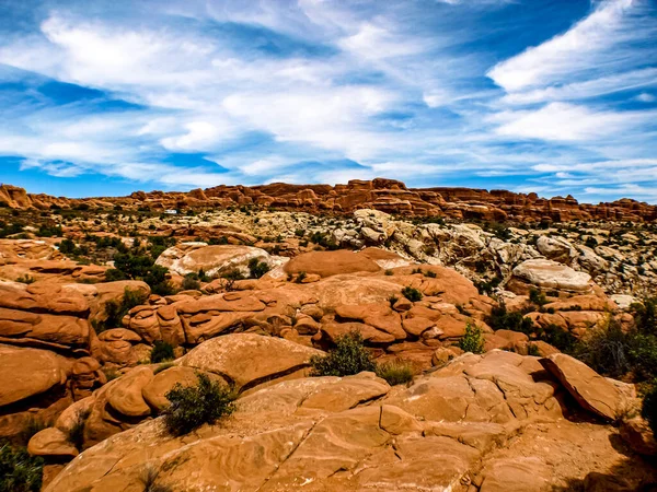 Homokkő Sziklák Minden Mérete Alakja Horizonton Arches National Park Usa — Stock Fotó