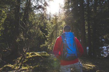 adam mavi sırt çantası ve ormanın içinde kırmızı kazaklı hiking