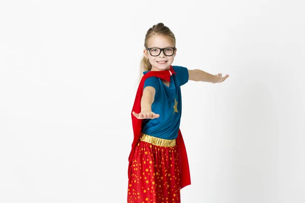 Blond Supergirl Glasses Red Robe Und Blue Shirt Posing Studio — Stock Photo, Image