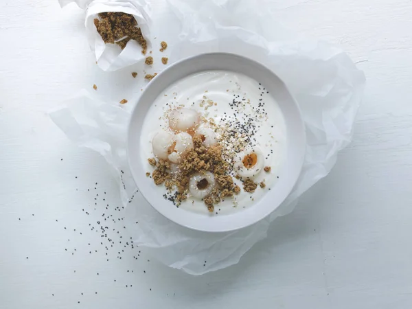 White Yoghurt Bowl Litchi Brown Sugar Chia Seeds — Stock Photo, Image