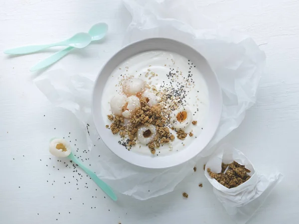 Top View White Yoghurt Bowl Litchi Brown Sugar Chia Seeds — Stock Photo, Image