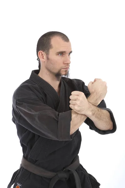 Serious Male Karate Fighter Kimono Training Isolated White Studio Background — Stock Photo, Image