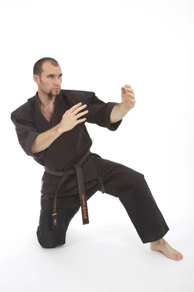 Serious Male Karate Fighter Kimono Training Isolated White Studio Background — Stock Photo, Image