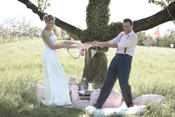 Genç Gelin Damat Yeşil Çayırda Ölü Ahtapotla — Stok fotoğraf