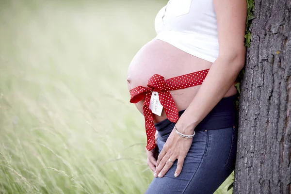 Tiroteo Mujeres Embarazadas Sobre Naturaleza Con Cinta Roja Sobre Tumores — Foto de Stock