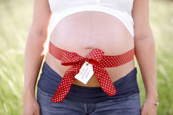 Bijgesneden Schot Van Zwangere Vrouw Natuur Met Rood Lint Buik — Stockfoto