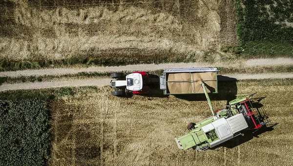 Aerial View Combine Harvester Pouring Grains Trailer Field Agricultural Concept — Stock Photo, Image