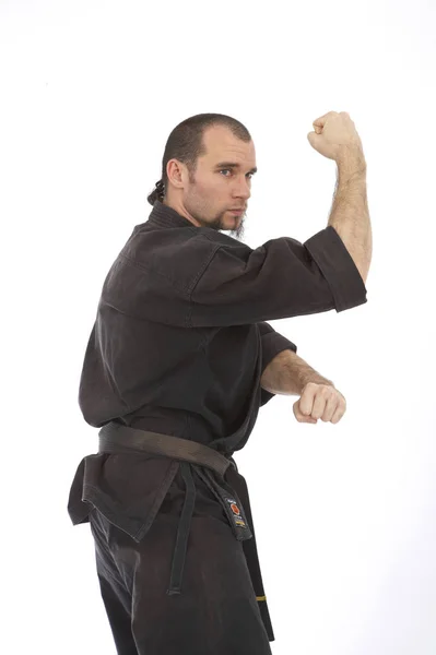 Serious Male Karate Fighter Kimono Training Isolated White Studio Background — Stock Photo, Image