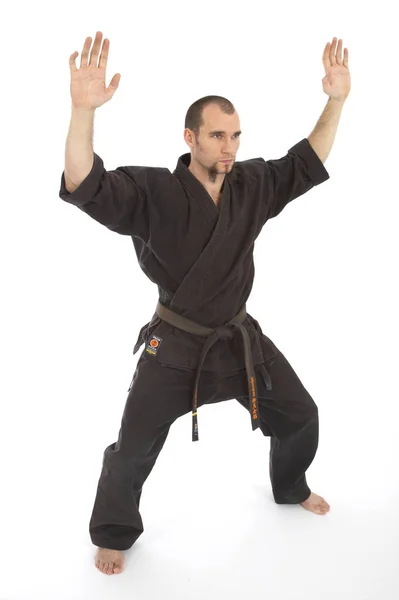 Serieuze Mannelijke Karate Vechter Kimono Training Geïsoleerd Witte Studio Achtergrond — Stockfoto