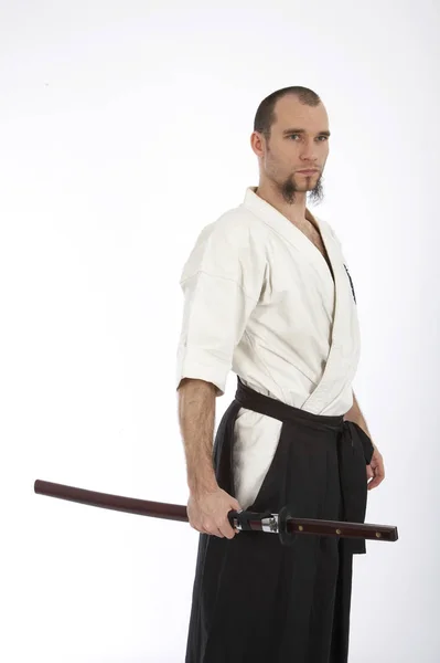 Serious Male Karate Fighter Kimono Training Isolated White Studio Background — Stock Photo, Image