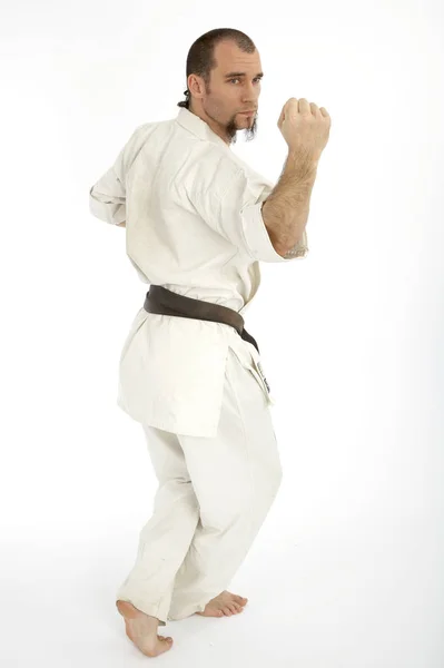 Serious Male Karate Fighter Kimono Training Isolated White Studio Background — Stock Photo, Image