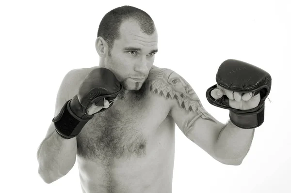 Ζοφερή Αθλητής Γάντια Πυγμαχίας Θέτουν Απομονώνονται Λευκό Φόντο Στούντιο — Φωτογραφία Αρχείου