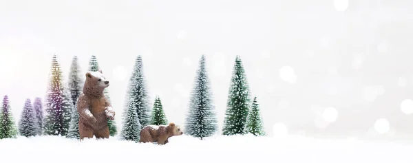 Miniatura Natal Urso Urso Brinquedos Floresta Inverno Nevado Fundo Para — Fotografia de Stock