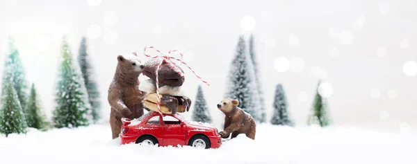 Havas Téli Erdő Grizzly Medvék Miniatűr Piros Autó Szállító Karácsonyi — Stock Fotó