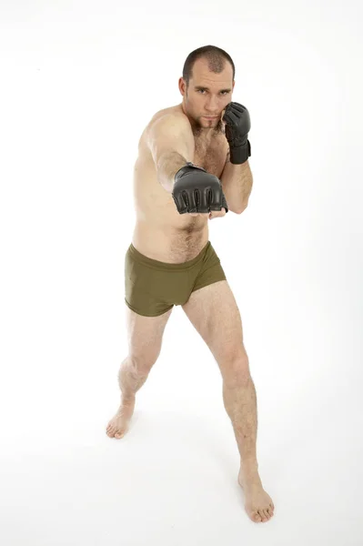 Ζοφερή Αθλητής Γάντια Πυγμαχίας Θέτουν Απομονώνονται Λευκό Φόντο Στούντιο — Φωτογραφία Αρχείου