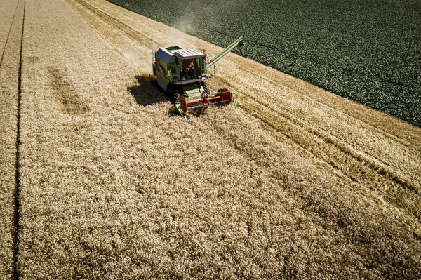 Вид с воздуха на посев комбайнов на поле, сельскохозяйственная концепция
 