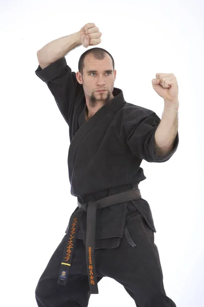 Luchador Karate Masculino Serio Entrenamiento Del Kimono Aislado Fondo Blanco —  Fotos de Stock