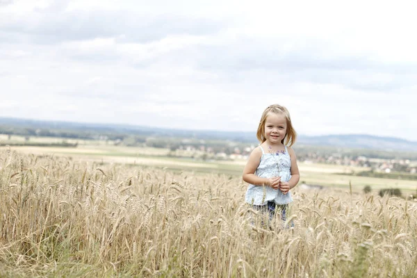 Blond Mooi Meisje Lopen Gouden Tarwe Weide — Stockfoto