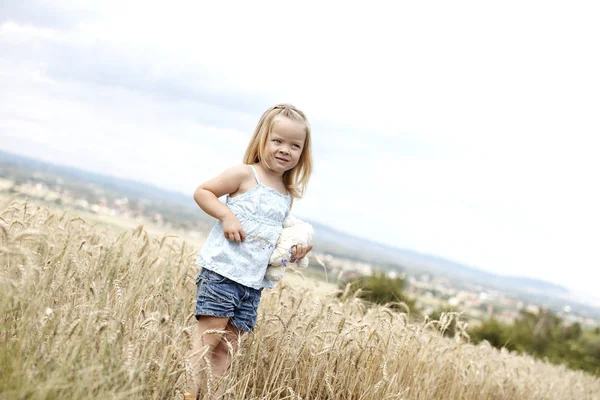 Kleine Blonde Mooie Meisje Met Speelgoed Wandelen Gouden Tarwe Weide — Stockfoto