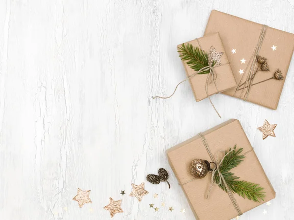 Cardboard Boxes Christmas Decoration White Wooden Background — Stock Photo, Image